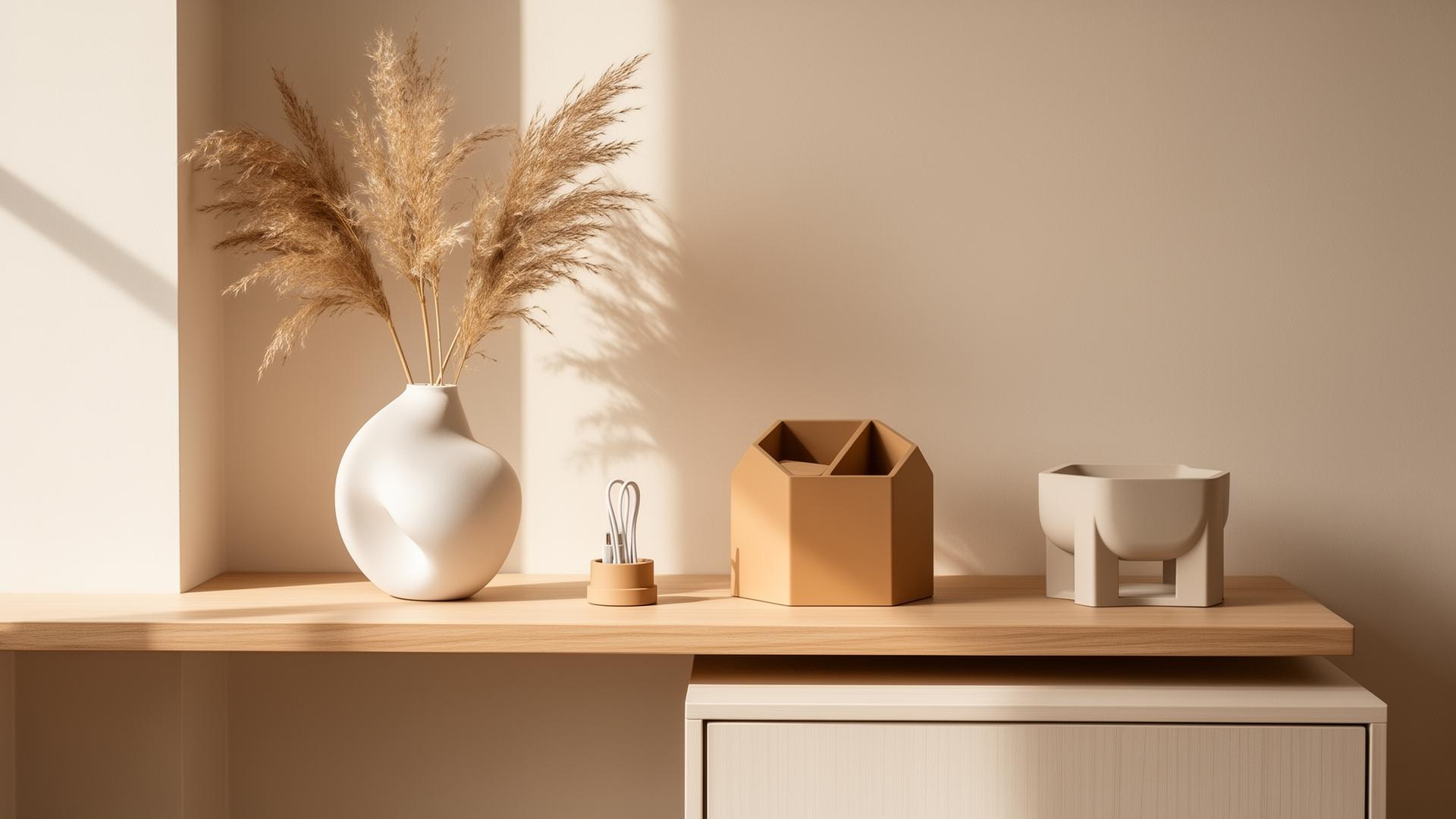 Ambiente com peças Artyki Home dispostas sobre console de carvalho